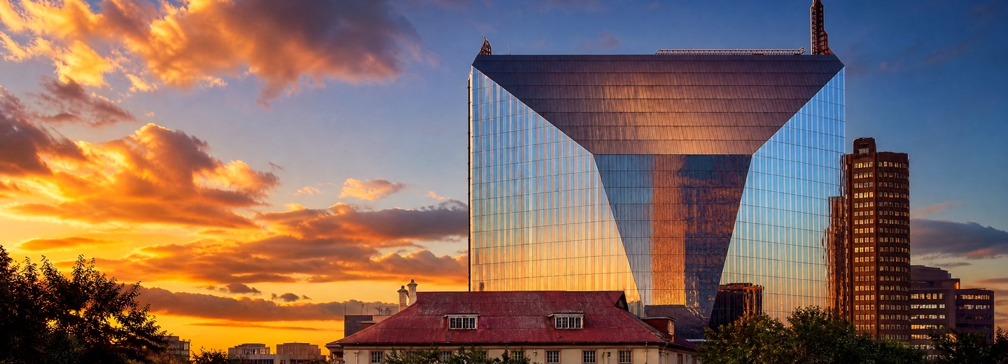 11 Diagonal Street, Johannesburg: the diamond-faceted tower rising behind the heritage buildings of Diagonal Street